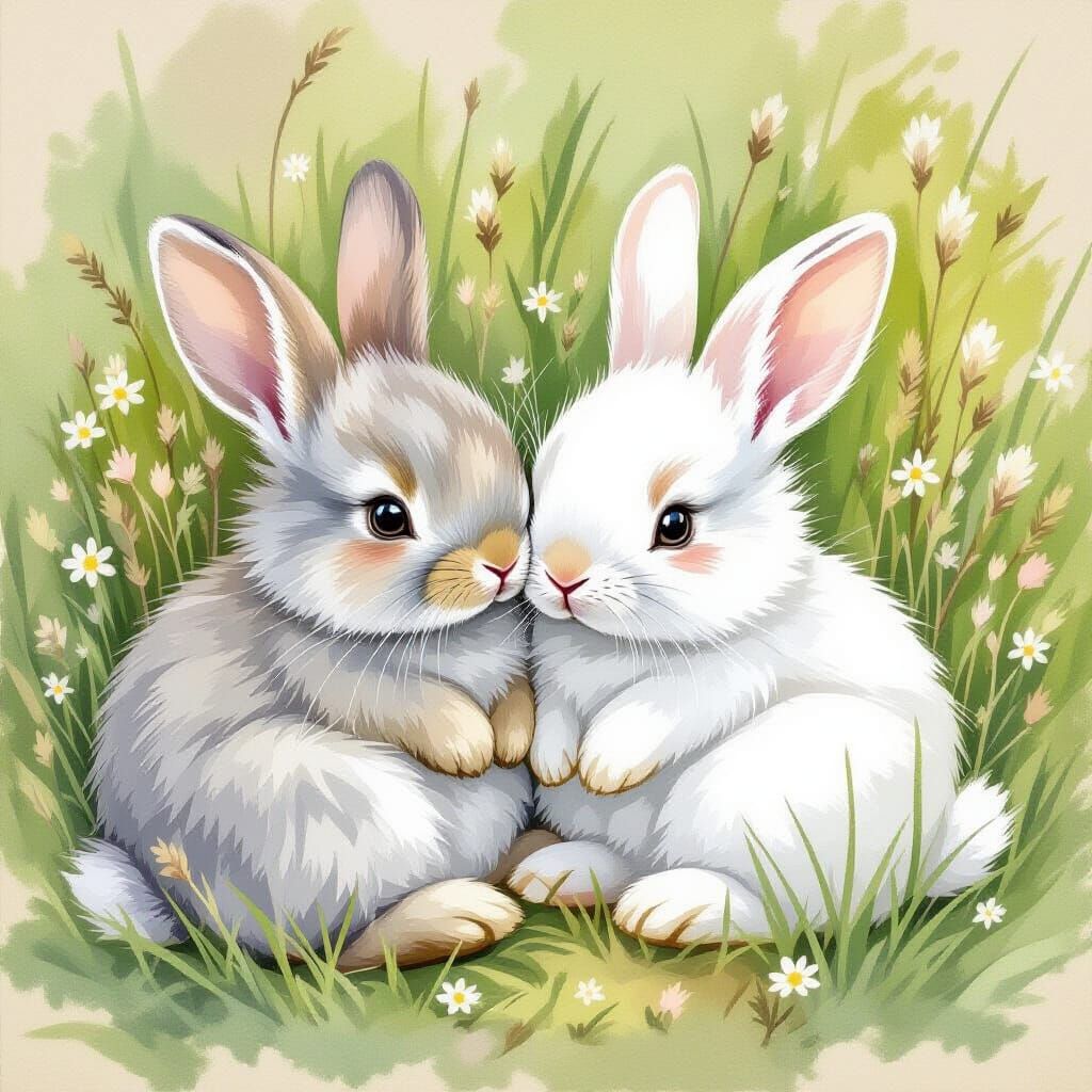 Whimsical Baby Bunnies Resting in Grassy Meadow