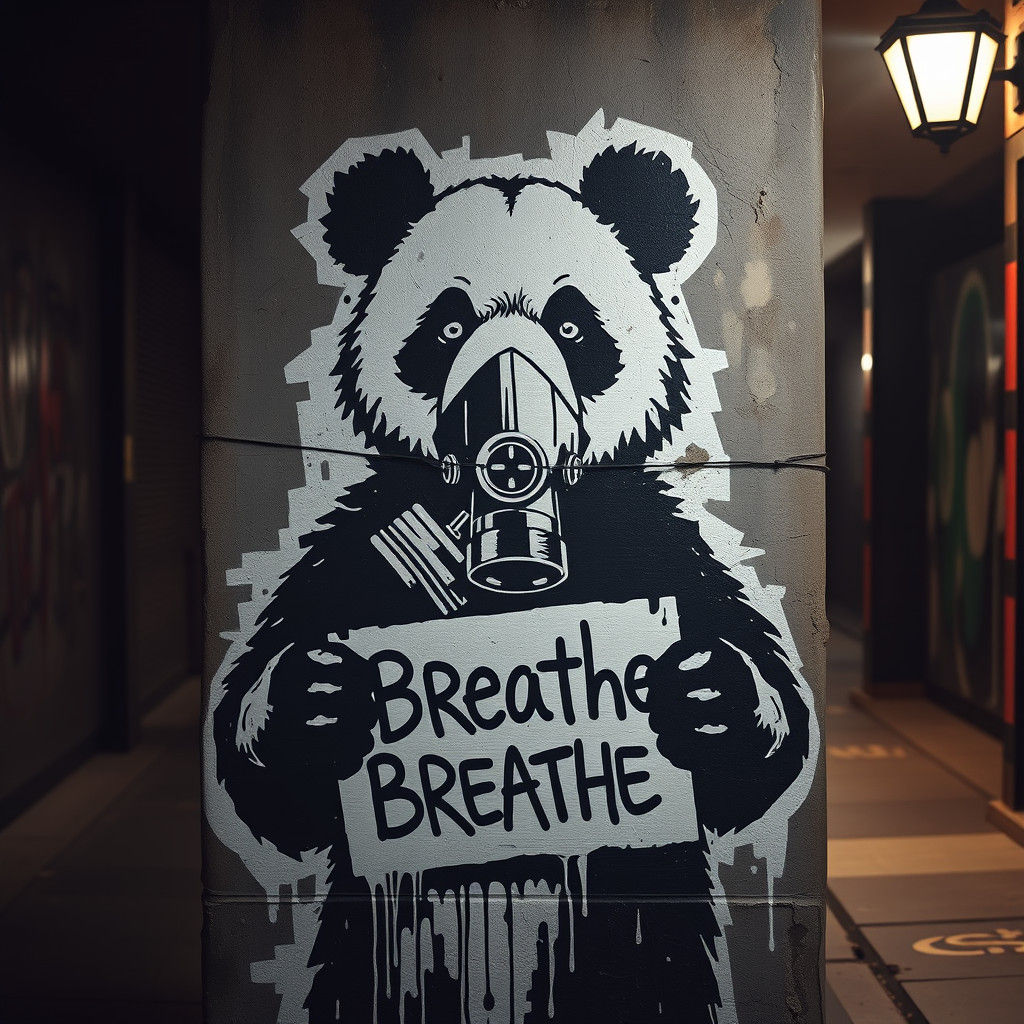 Panda Bear Street Art with Gas Mask