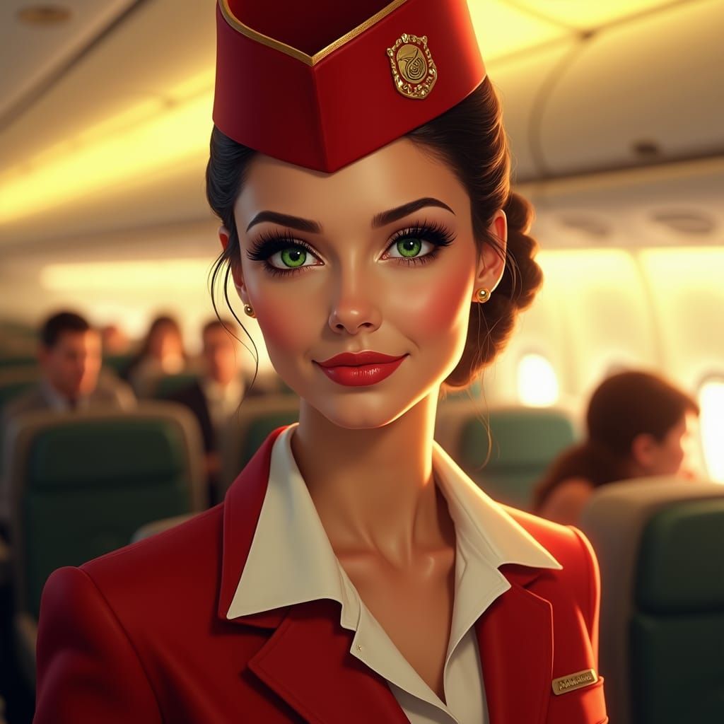 Stunning Flight Attendant with Piercing Green Eyes