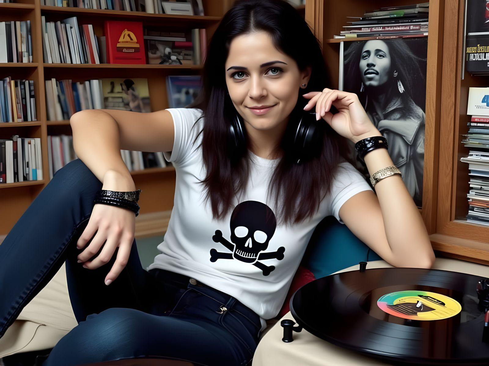 Woman Relaxing in Cluttered Music Store with Headphones