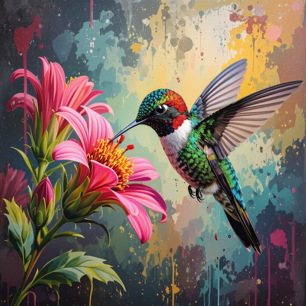 Bee Hummingbird Feeding: Graffiti Splash Art