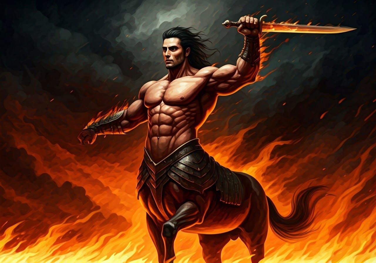 Heroic Centaur Warrior in Fiery Battlefield