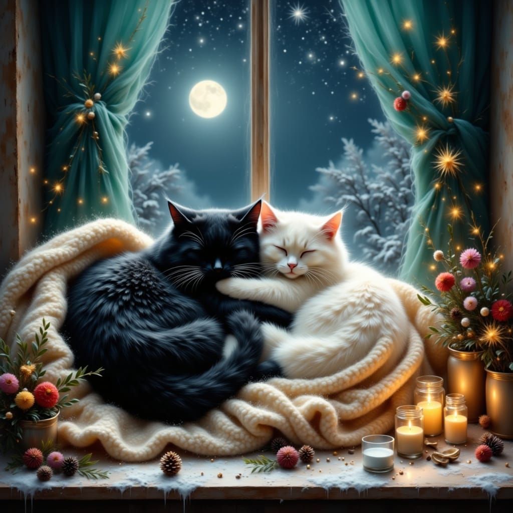 Cozy Cats Sleeping in Moonlight