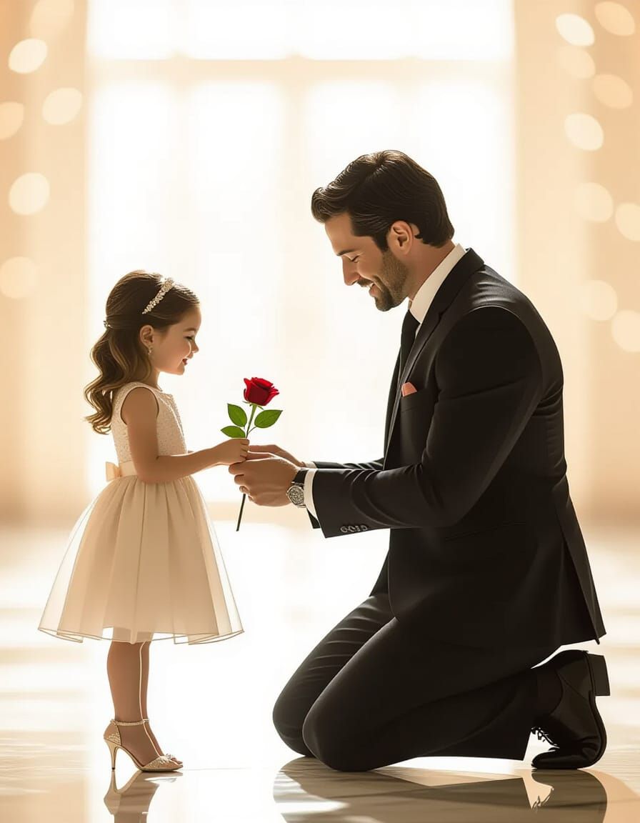 Giant Man Offers Rose to Tiny Woman