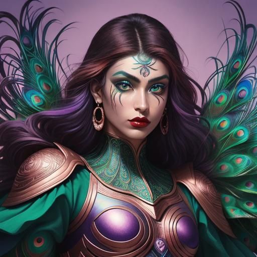 Rose Gold Woman with Peacock Feathers, in Comic Book Style