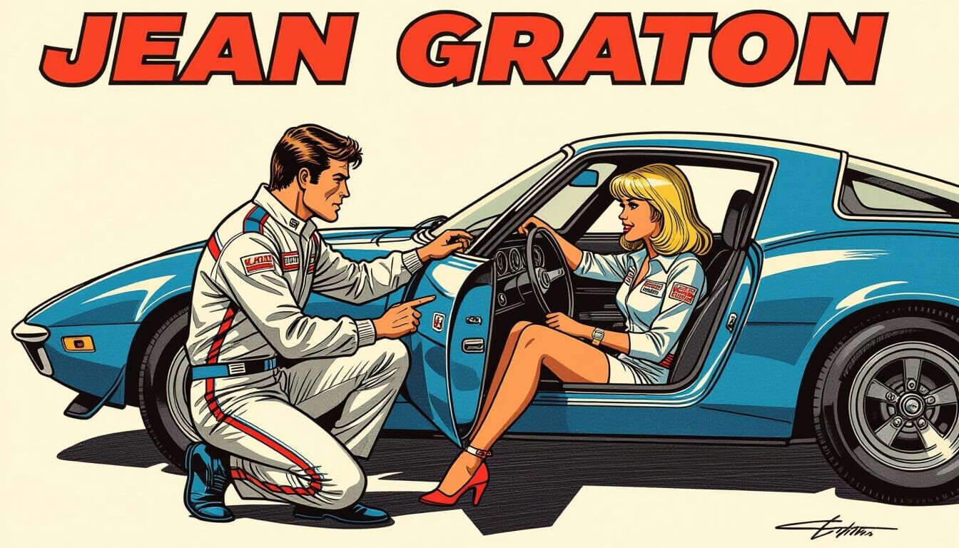 Retro Comic Book Art: Race Car Driver and Blonde Woman