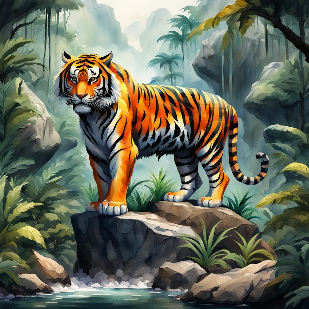 Watercolor Tiger in Jungle Landscape