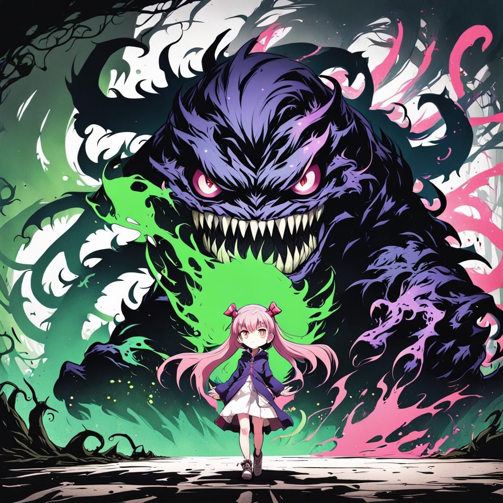 Anime Girl with Shadow Monster in Manga Style