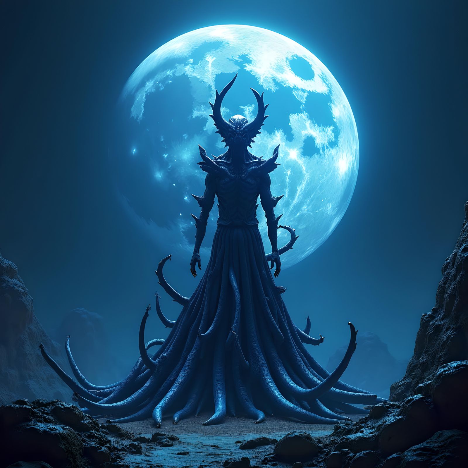 Dark Blue Alien Plant Under Green Moon