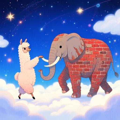 Cloud Llama and Brick Elephant Ballroom Dance in Starlit Sky