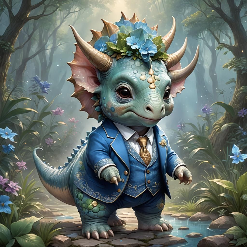 Chibi Triceratops in Blue Suit: Ethereal Fantasy