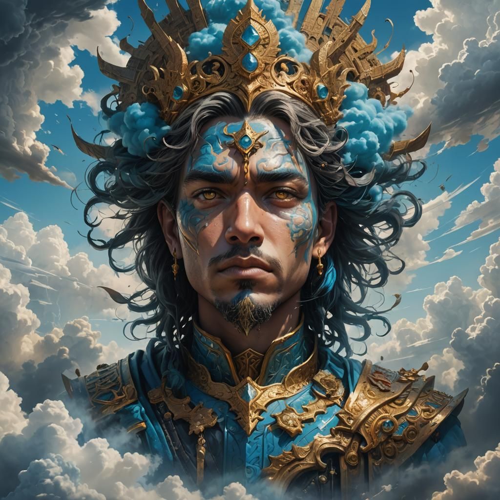 Figure Enthroned in Clouds: Hyperrealistic Splash Art