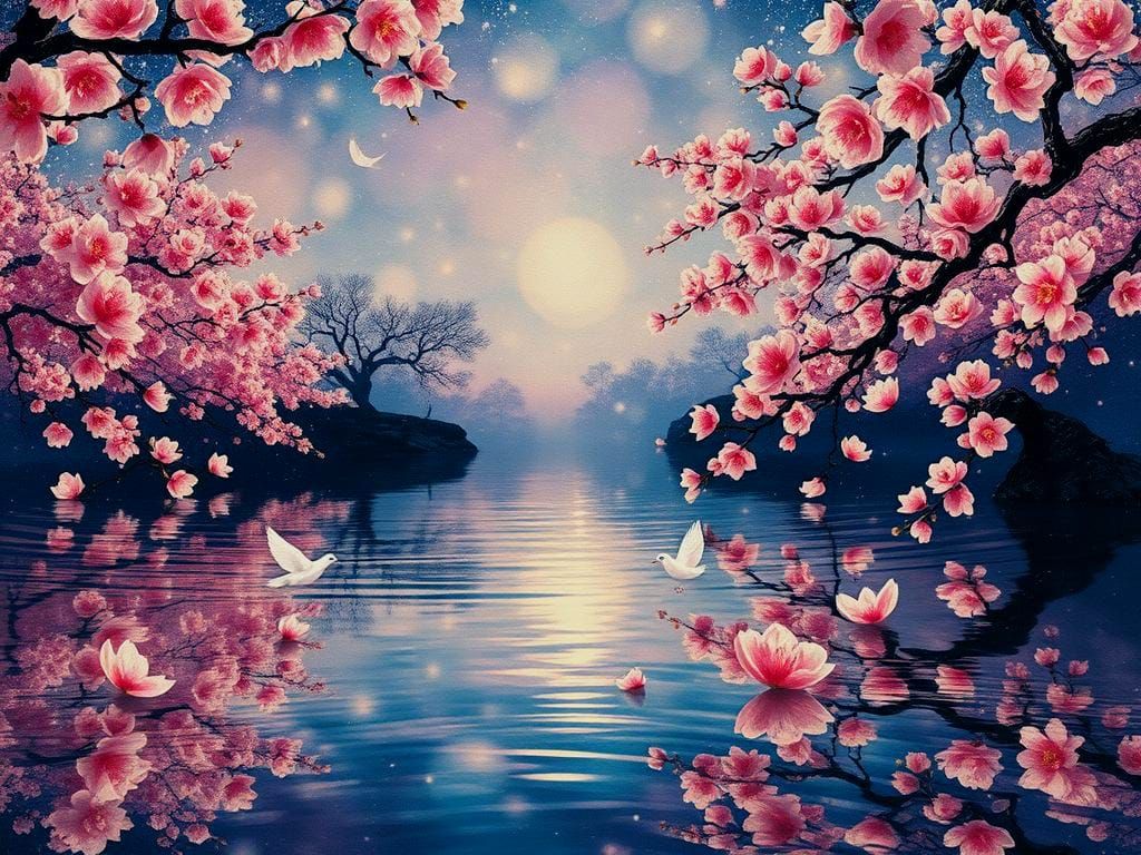 Cherry Blossoms in Chinese Garden: Impasto Embroidery Art