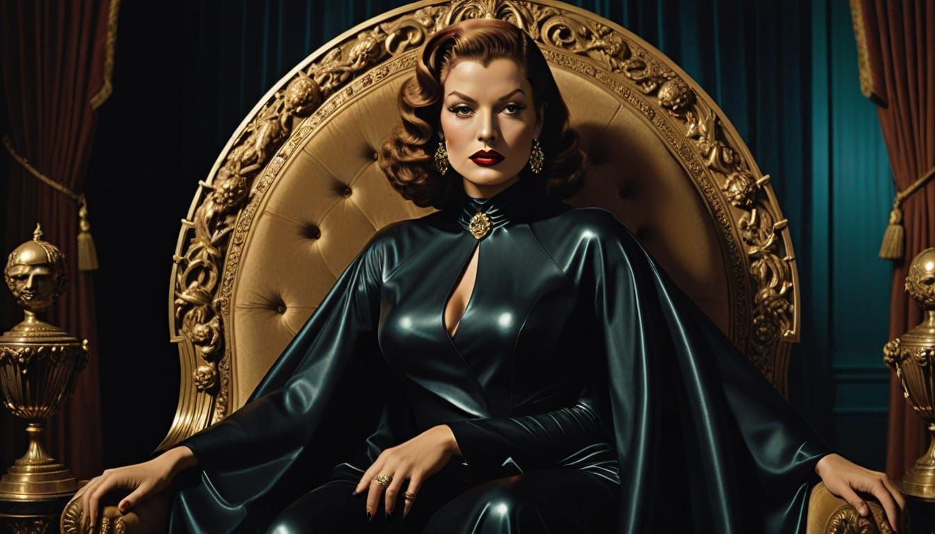 Regal Rita Hayworth in Shimmering Black Latex Cape, Salvador...