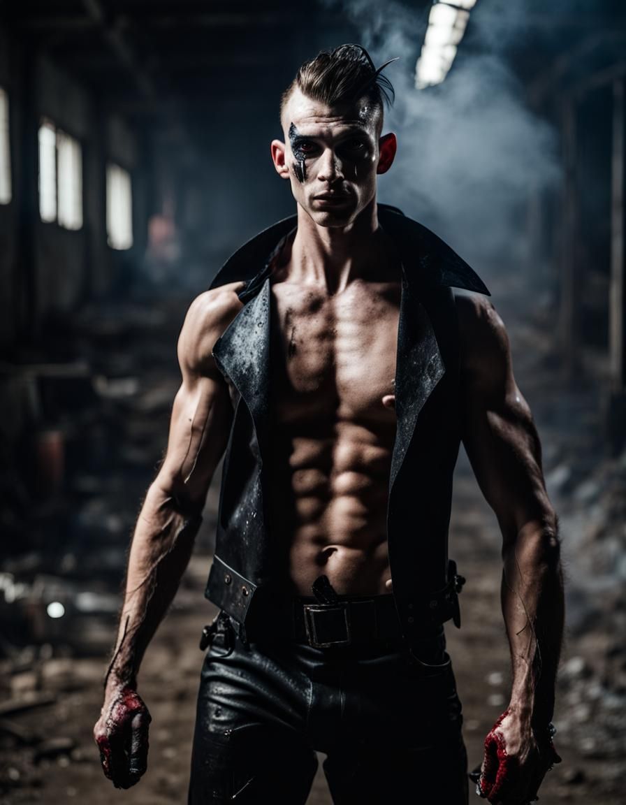 Shirtless Vampire with Rat in Abandoned Factory