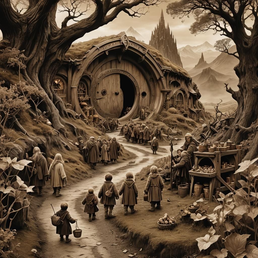 Hobbit Collecting Fairies Near Mordor in Sepia