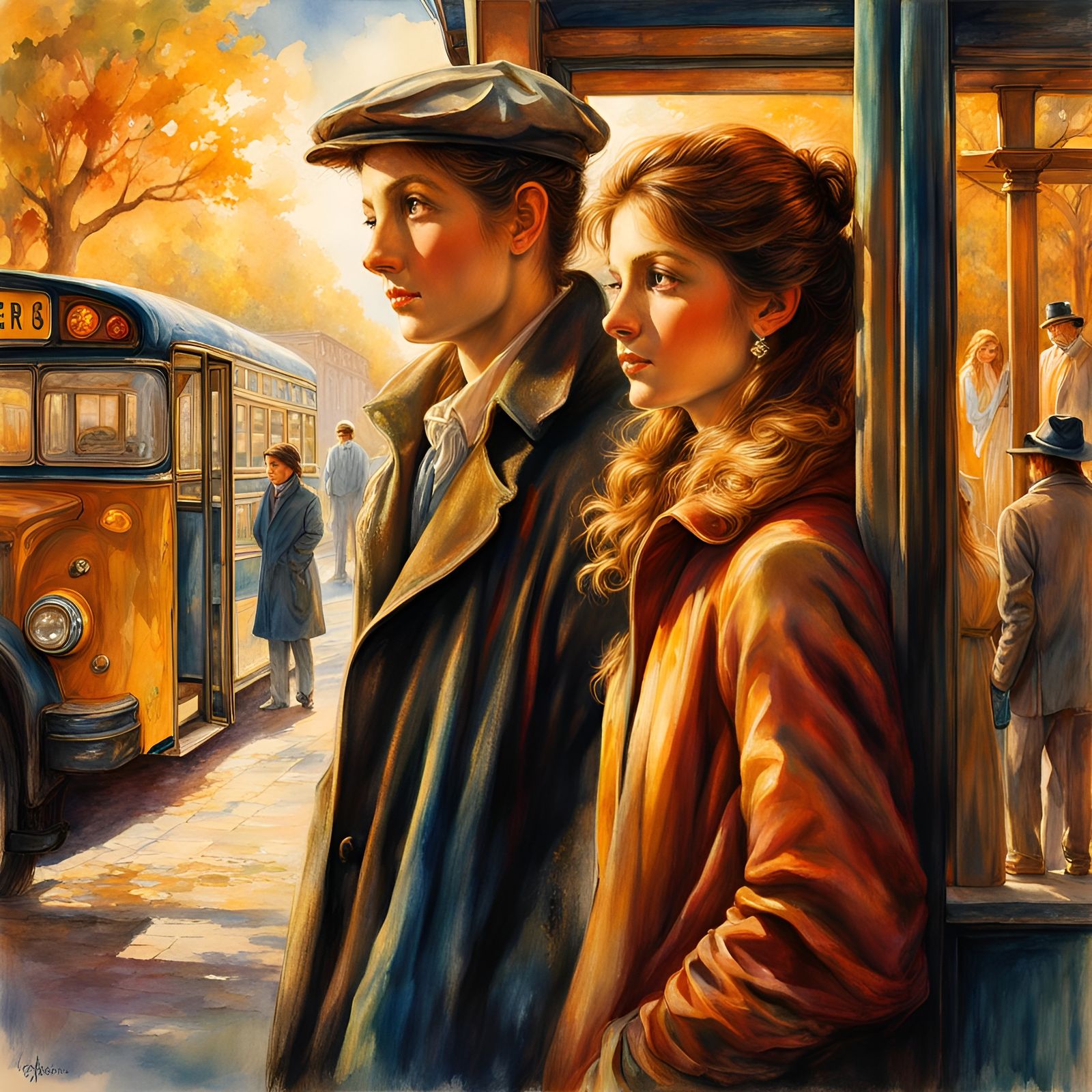 Watercolor Painting of a Woman at Bus Stop