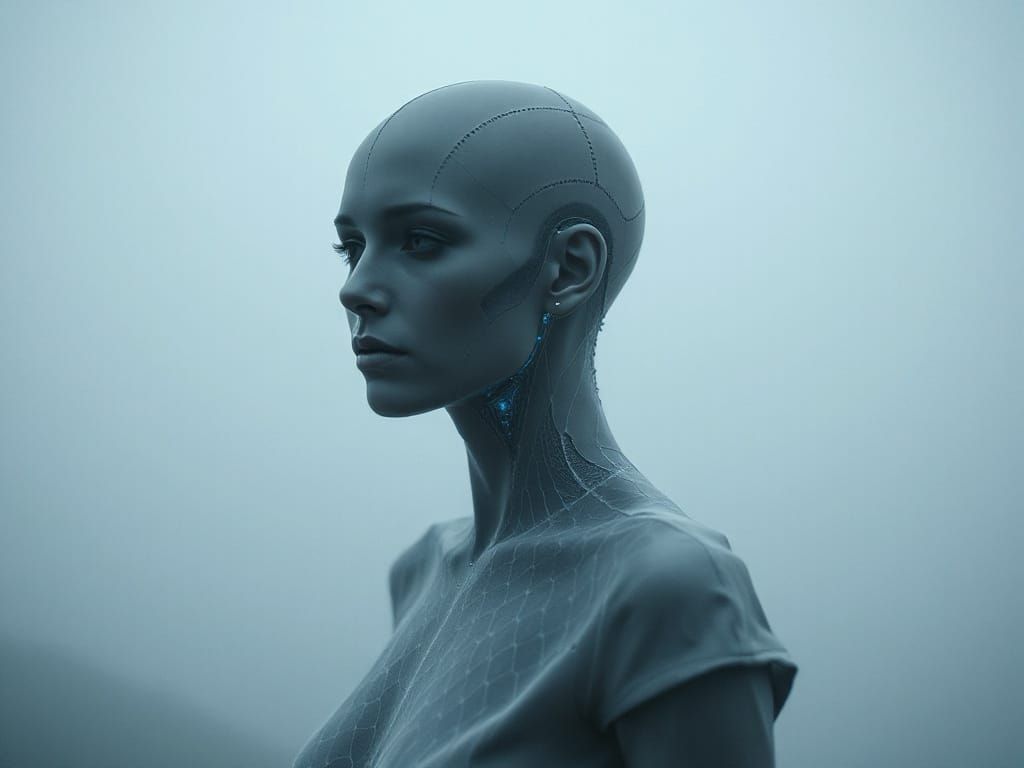 Android Woman in Mist with Synthetic Skin