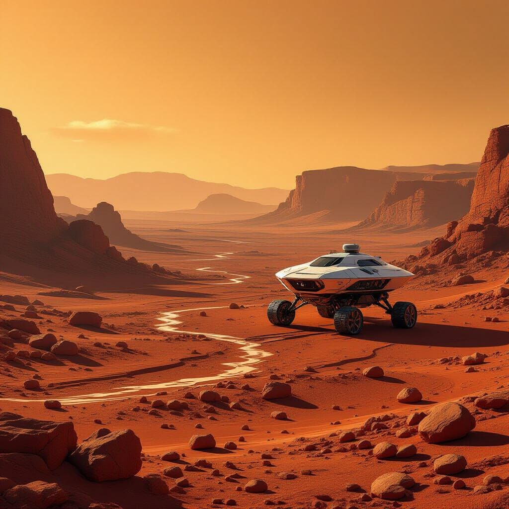 Futuristic Probe Exploring Mars in Matte Painting Style