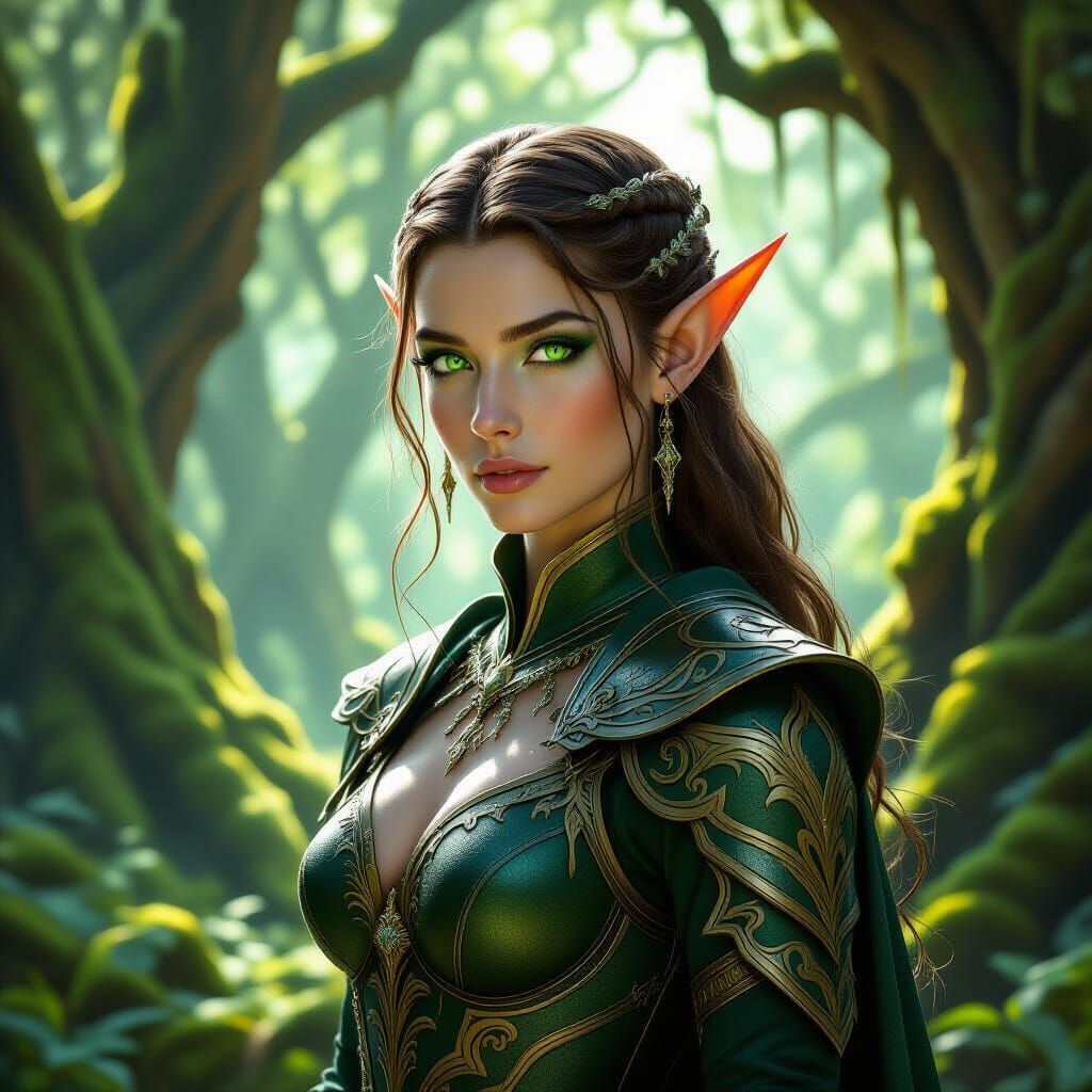 Elegant Elf in Sun-Dappled Forest Clearing