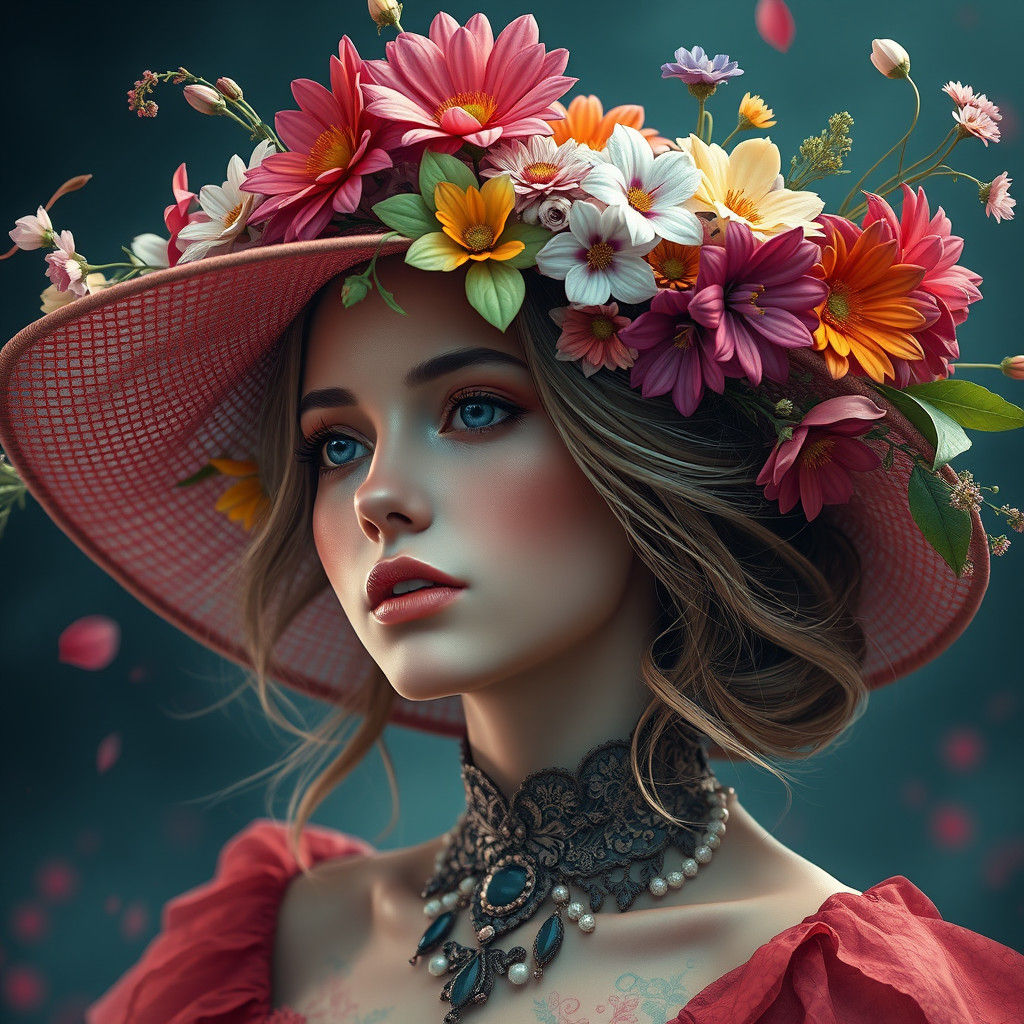 Woman in Floral Hat: Fantasy Concept Art