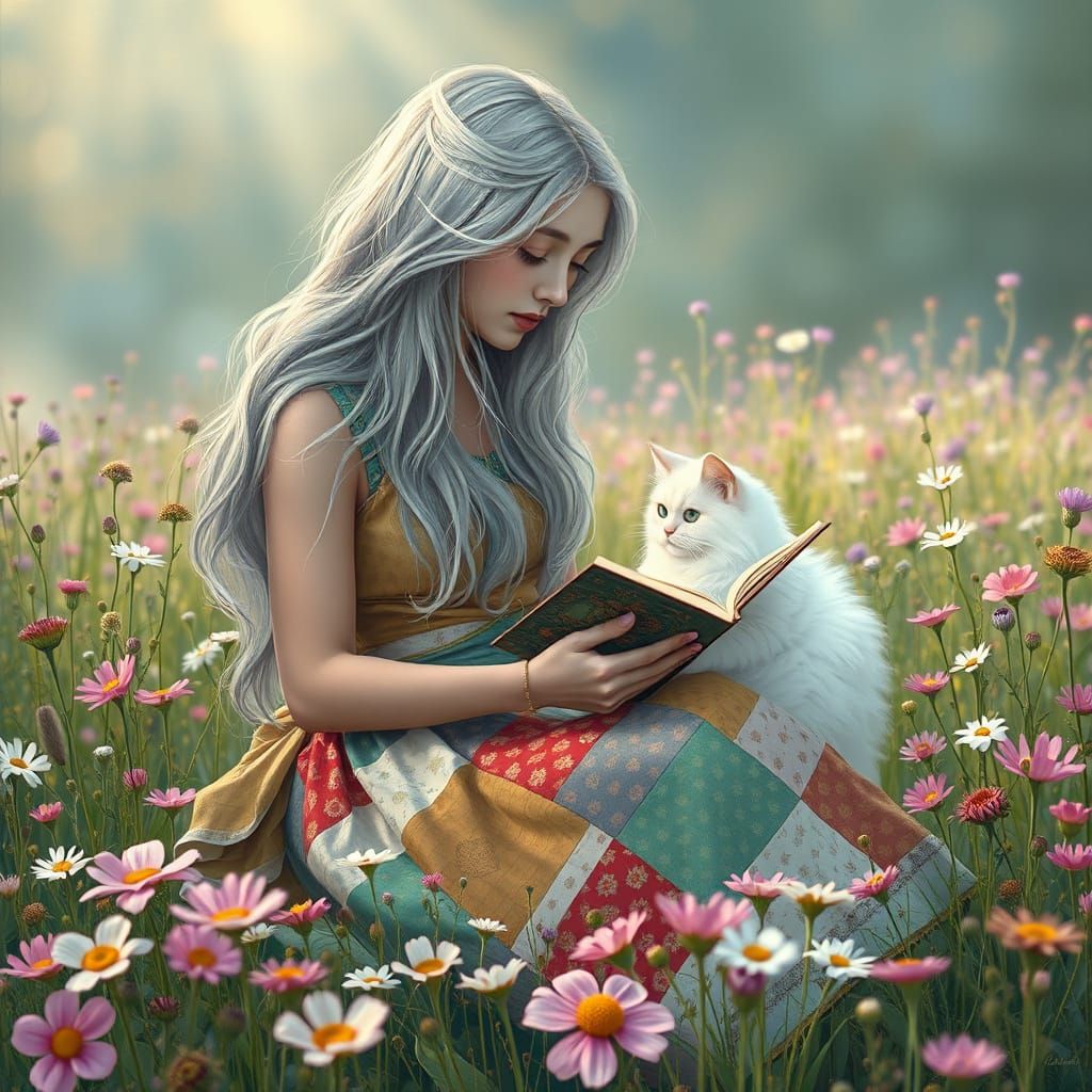 Ethereal Woman in Whimsical Art Nouveau Scene