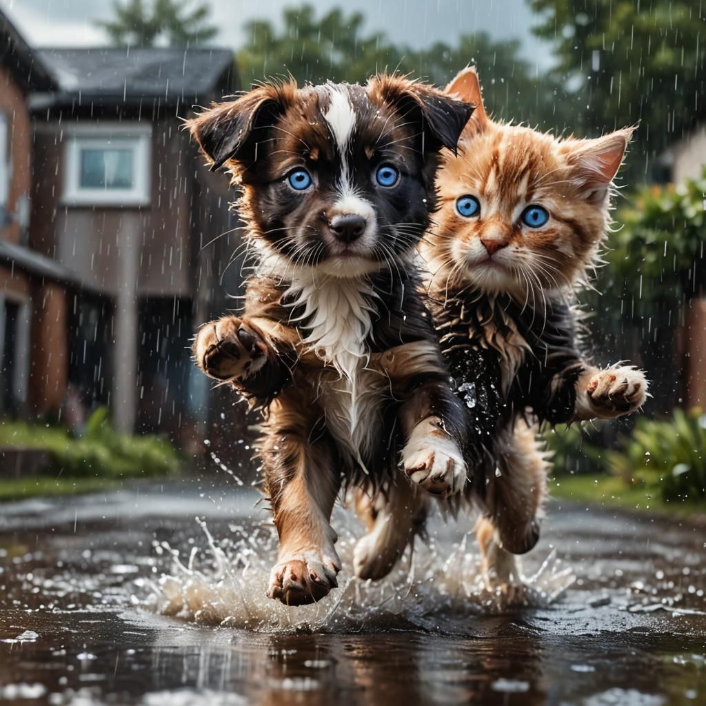 Puppy and Kitten Play in the Rain: Hyper-Realistic Art
