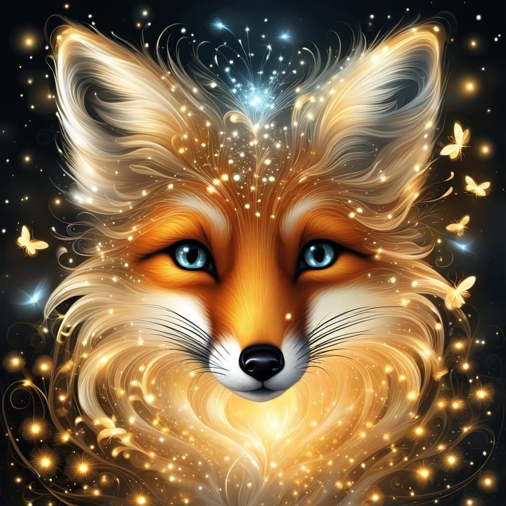 Fox Cub with Fireflies in Art Nouveau Style