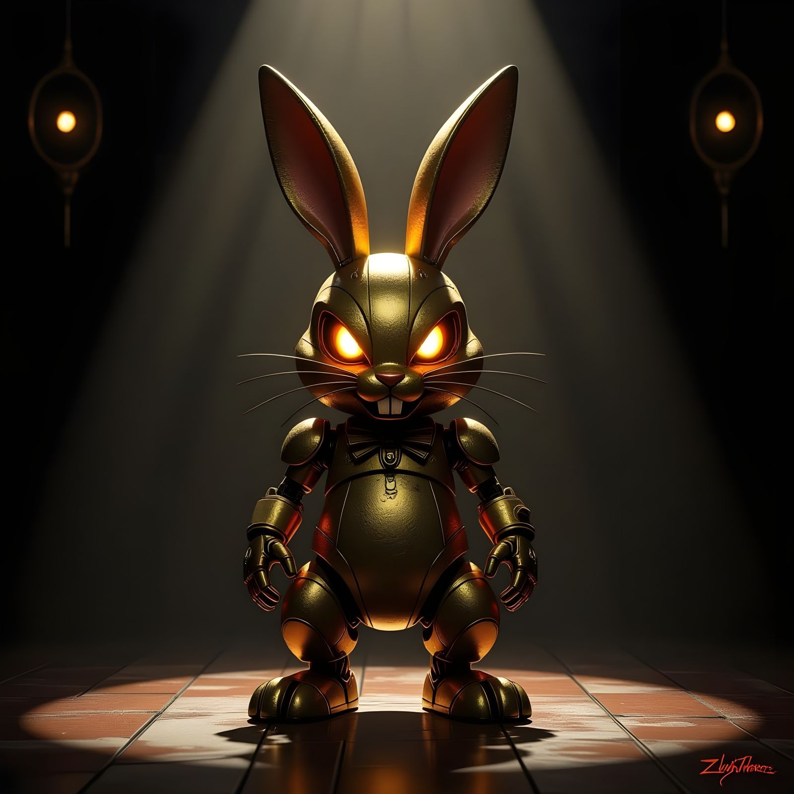 Golden Animatronic Rabbit on Dimly Lit Stage