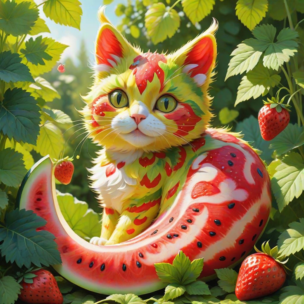 Vibrant Dreamlike Feline Fruit Collage