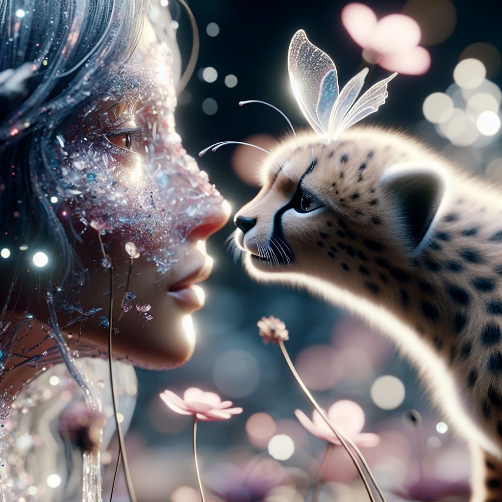 Enchanted Cheetah Cub and Surreal South Asian Woman