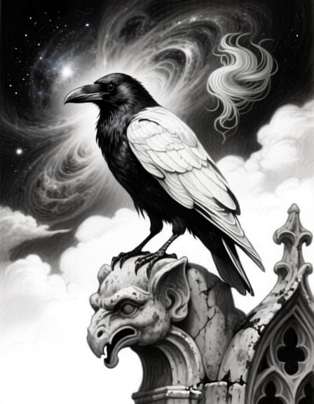 Charcoal Raven on Gothic Gargoyle with Nebula