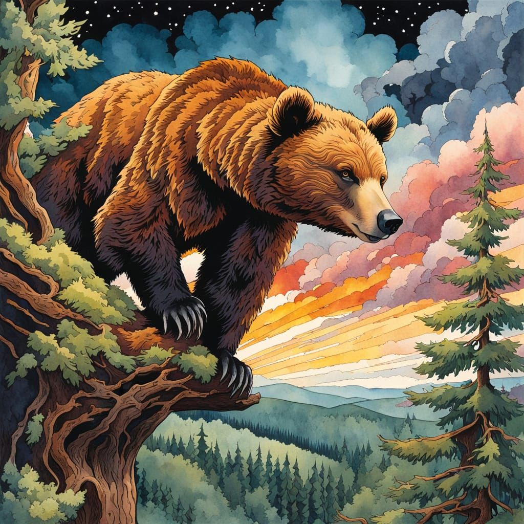 Watercolor Bear Climbs Vintage Tree in Stormy Forest