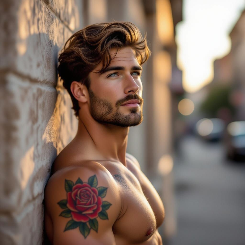 Handsome Man with Rose Tattoo in Golden Hour Light