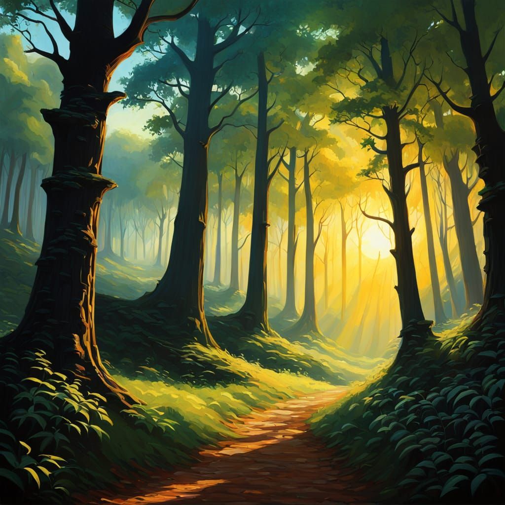 Chiaroscuro Forest Sunrise: A Medieval Cartoon