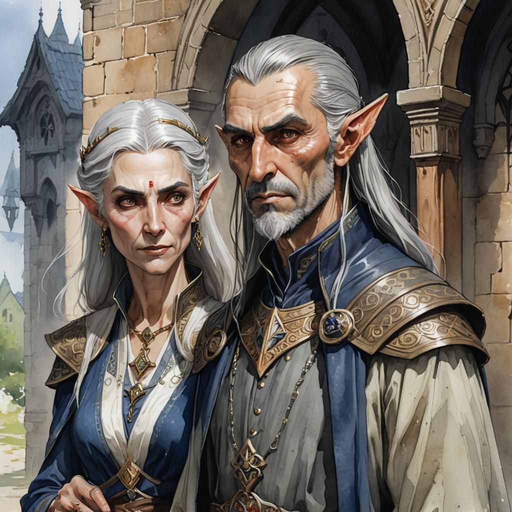 Scared High Elf Couple in Watercolor Painting