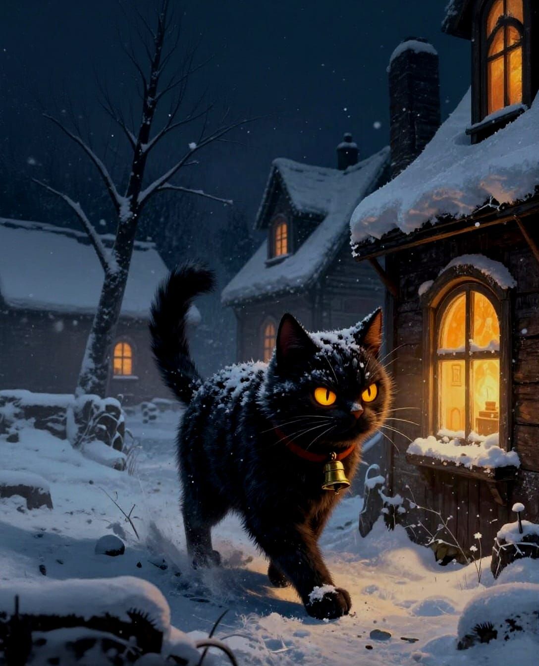 Angry Snow Yule Cat With Glowing Eyes Stalks Snowy Village