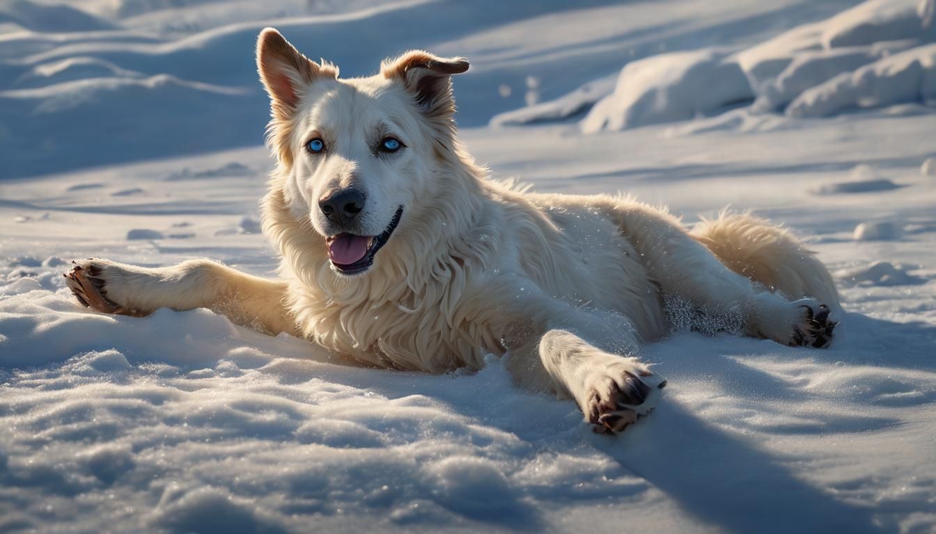 Dog Rolling in Snow: Hyperrealistic Concept Art