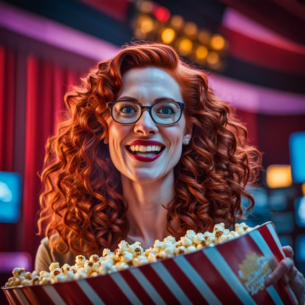 Woman with Popcorn: Detailed Photorealistic Close-Up