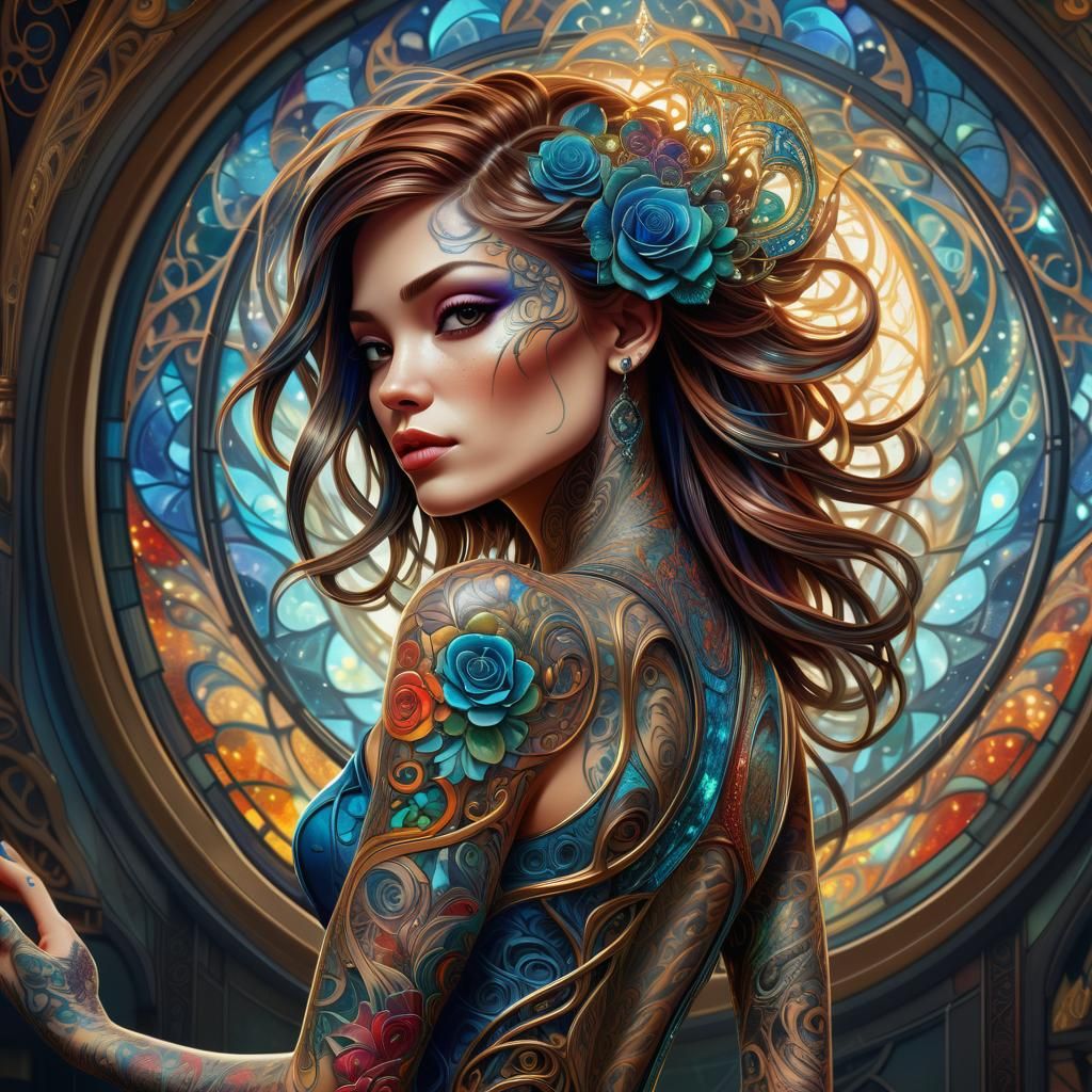 Stained Glass Tattooed Woman in Digital Painting