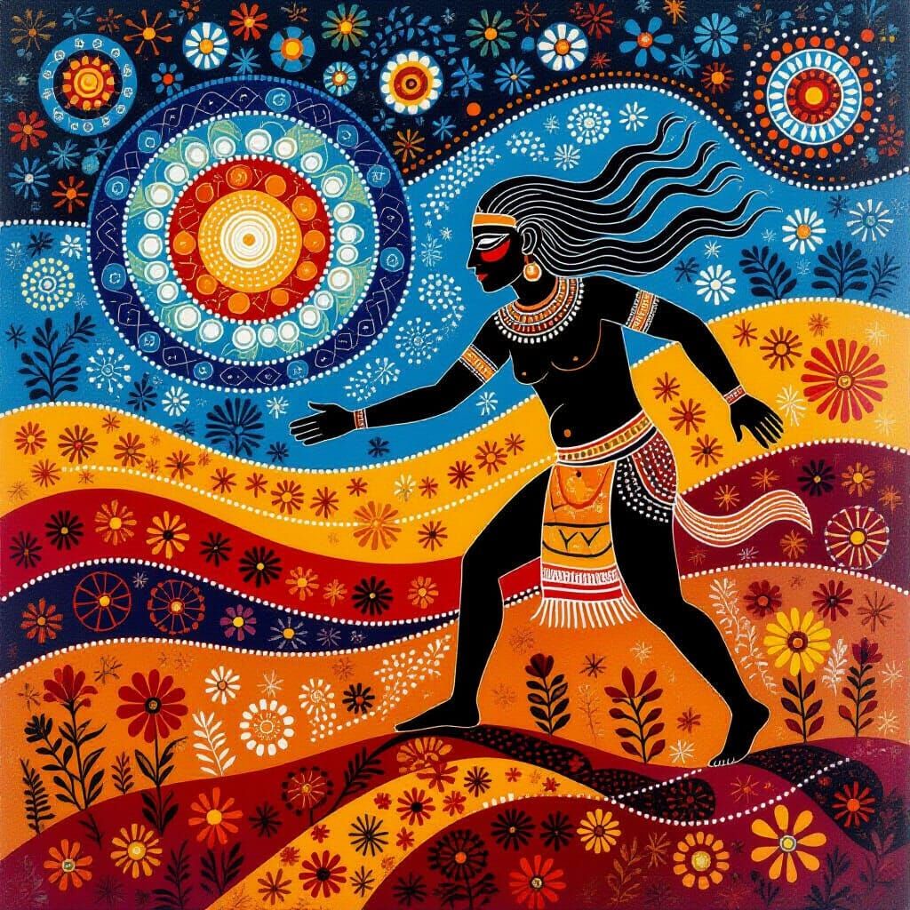 Ancestral Being Shapes Land in Aboriginal Dot Painting Style