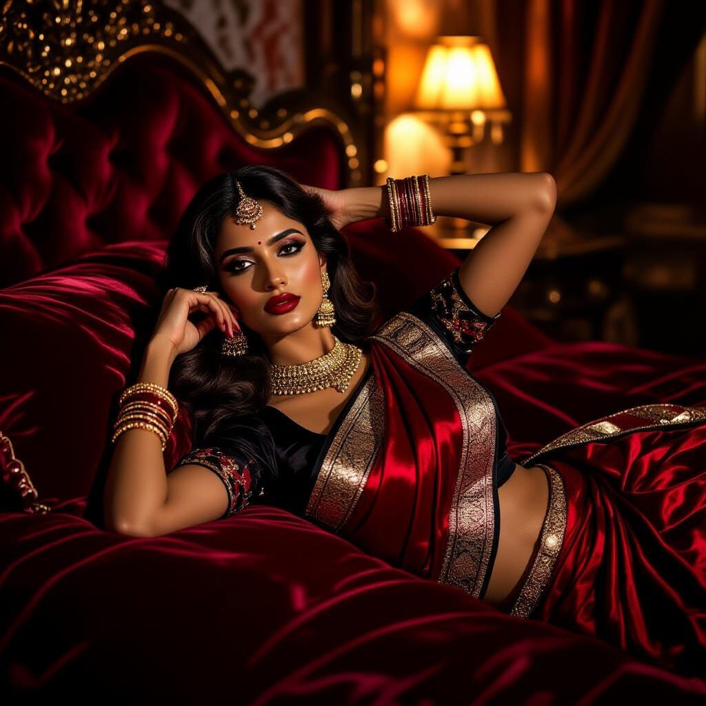 Confident Indian Model in Saree on Velvet Bed