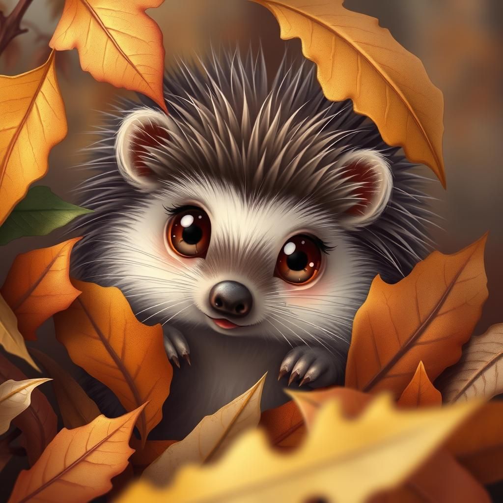 Adorable Hedgehog Hiding in Autumn Leaves
