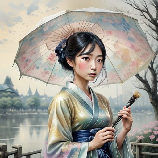 Woman with Parasol in Japanese Watercolor Style