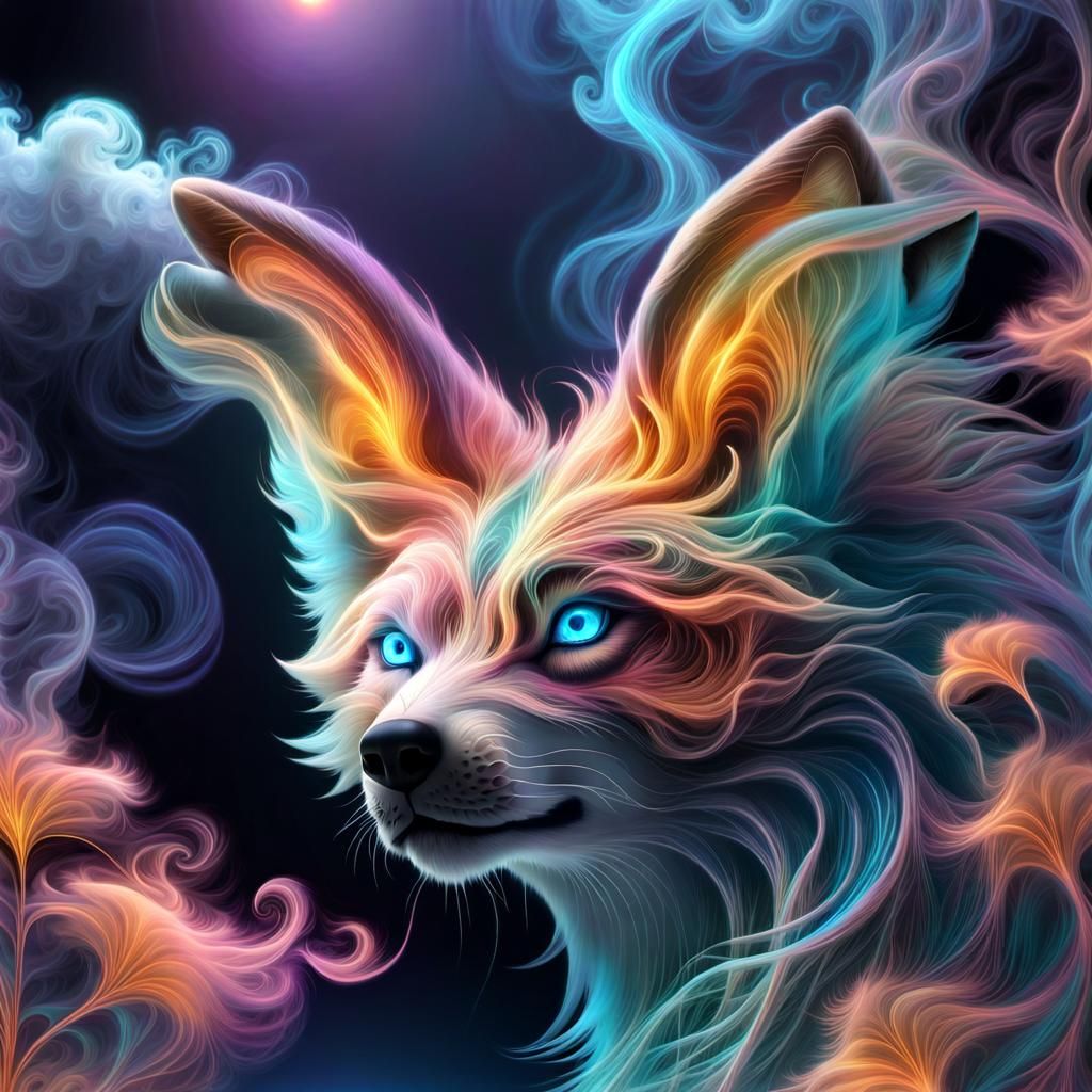 Ethereal Phantom Wolf Howling at Moon in Smoke Fractal