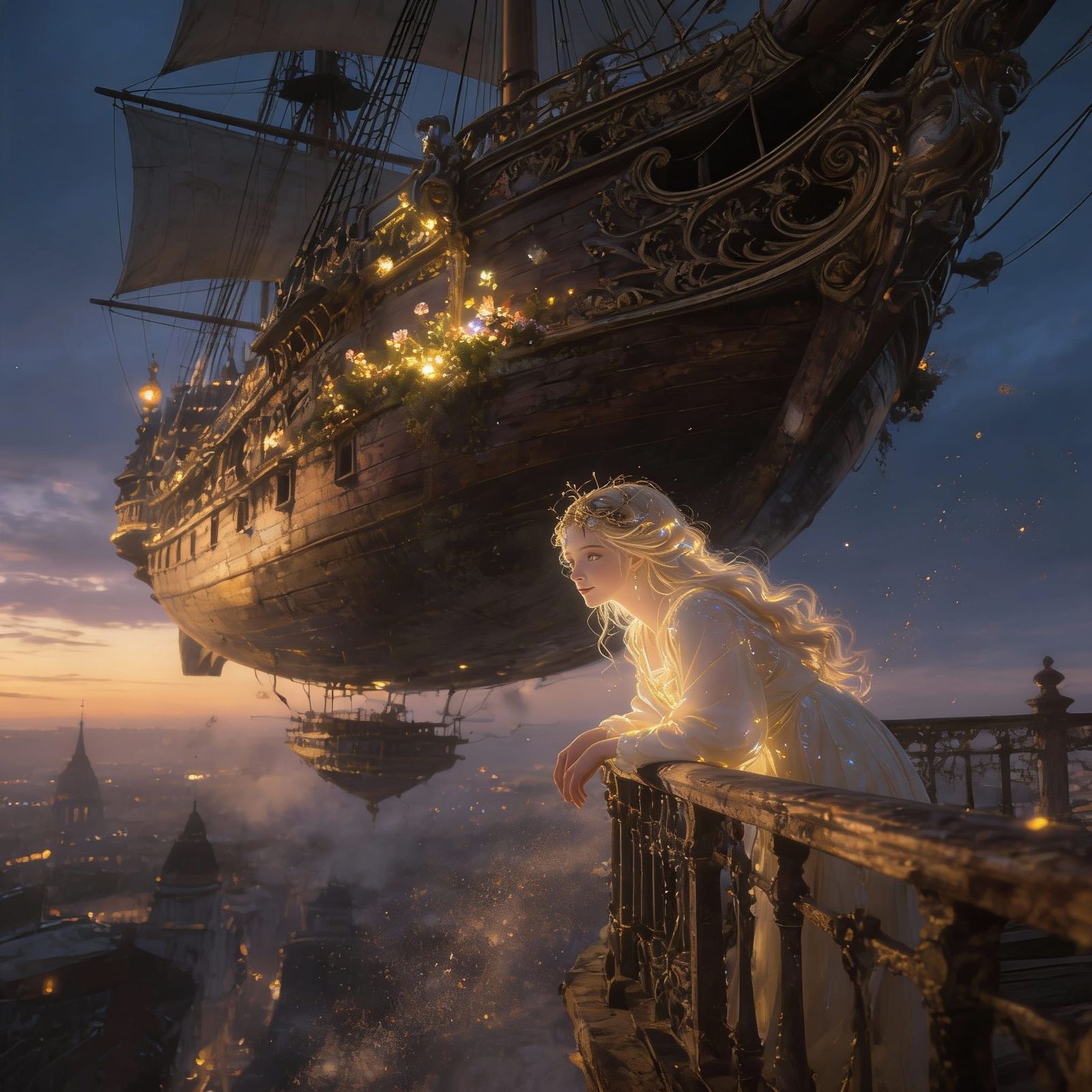Woman on Ancient Airship Above Twilight City