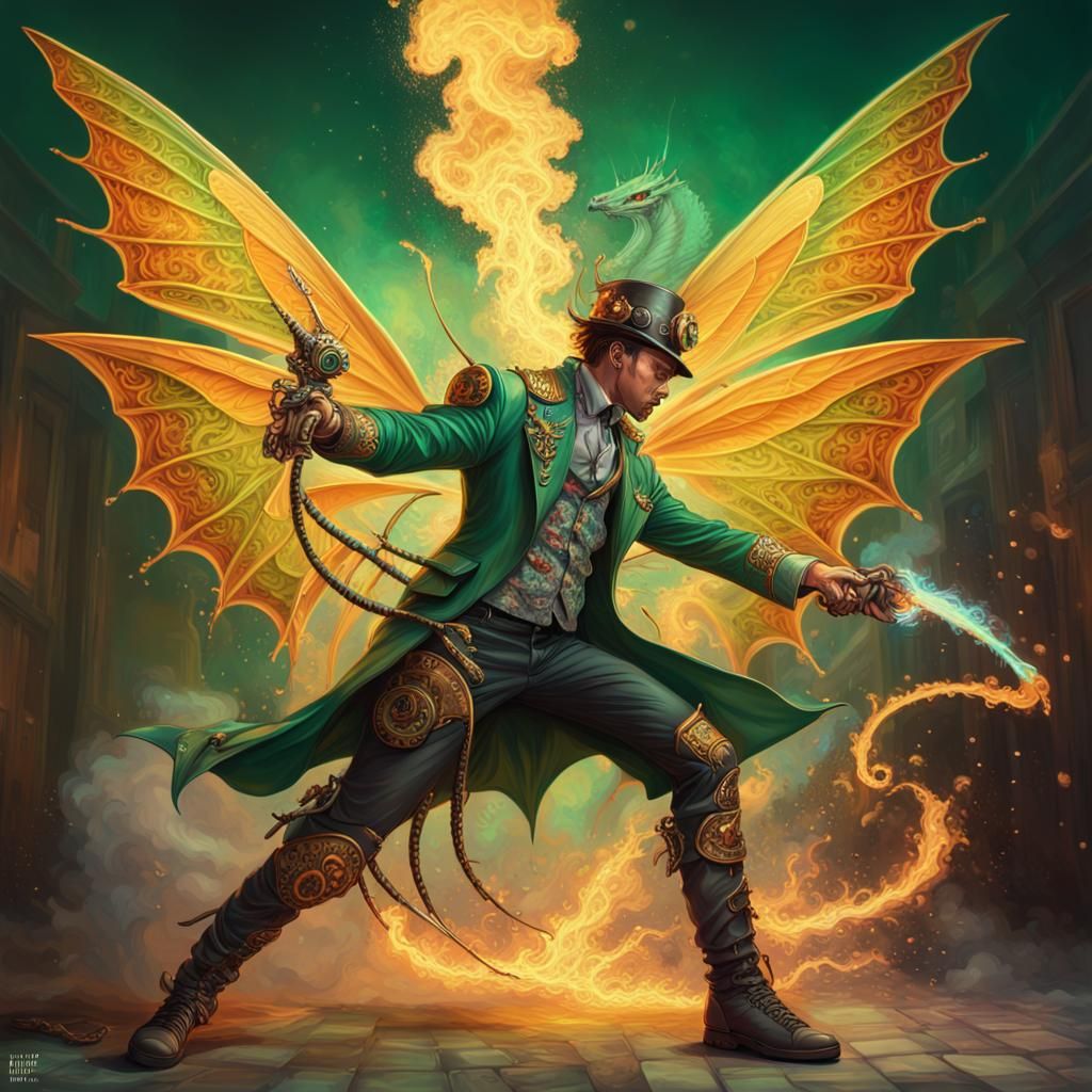 Steampunk Butterfly Warrior Dragon Fight