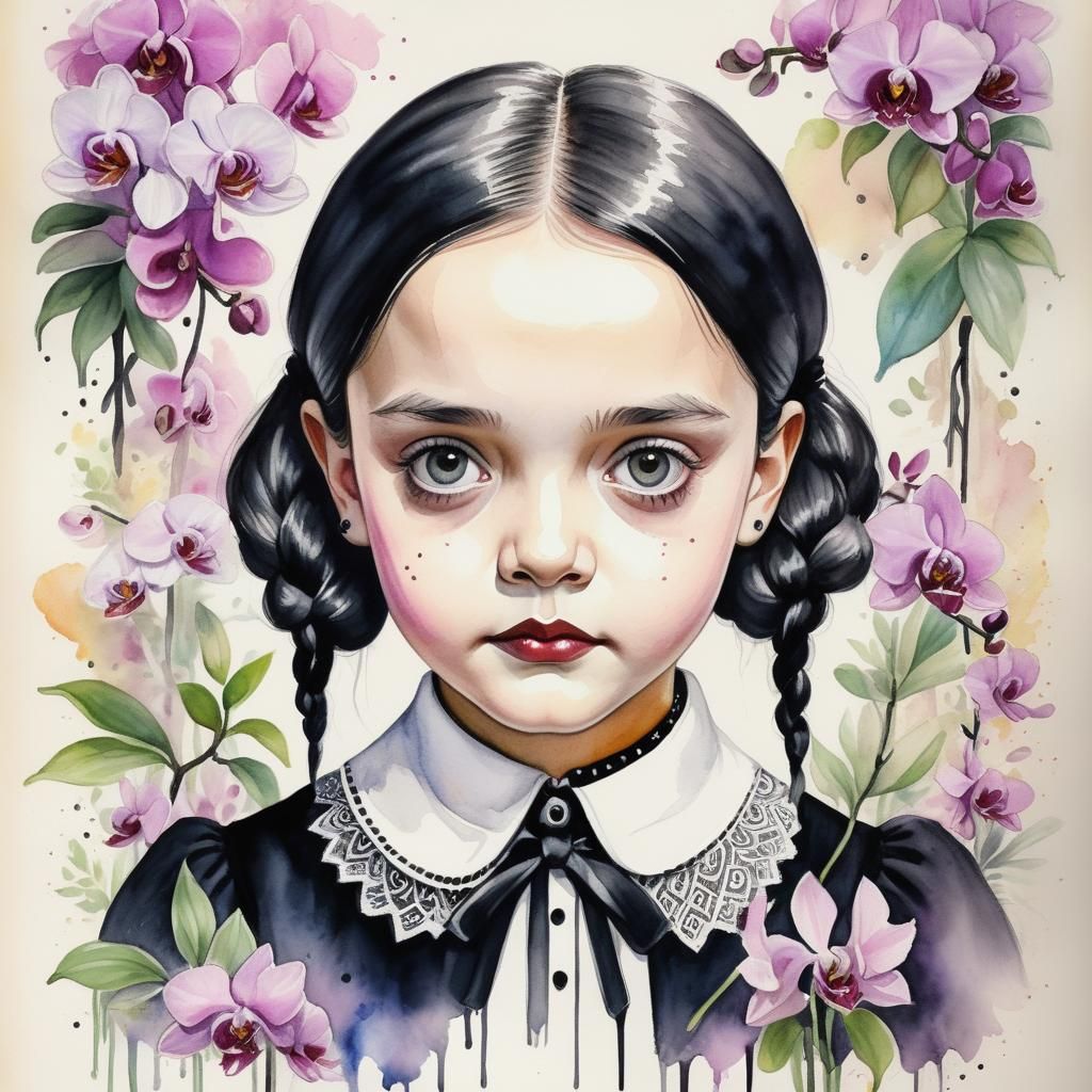 Wednesday Addams Portrait in Vintage Watercolor Style