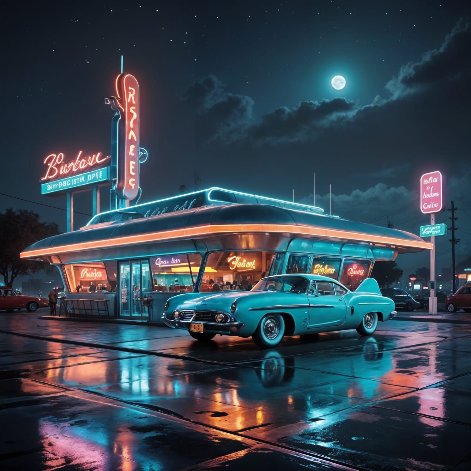 Retro Futuristic Diner with Robot Carhops