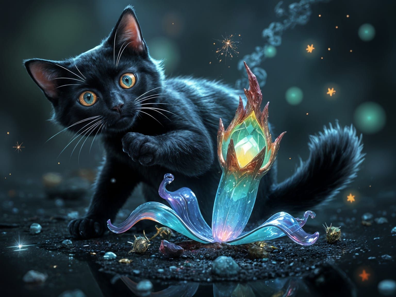 Black Cat Teasing Bioluminescent Plant, 3D Anime Art